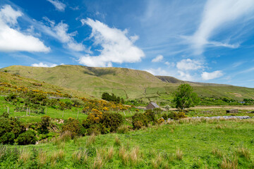 Obraz premium Green mountain valley near Lough Nafooey in Joyce Country, County Galway, Ireland. Rural Irish landscape with stone cottage, fields and hills near the Mayo border.