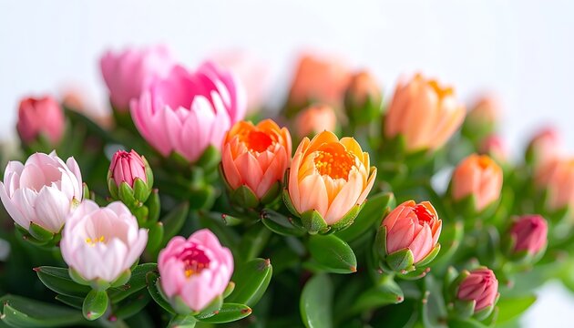 cluster of pink and orange succulent buds with green leaves on a light background, shallow depth of field