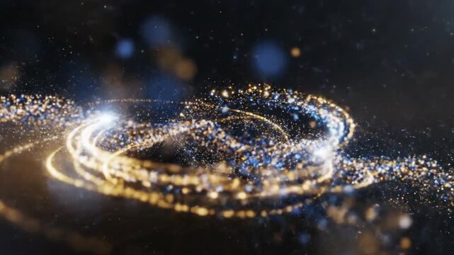 A swirling vortex of luminous golden and blue particles forming a spiral galaxy shape with bright central core and scattered bokeh lights Keywords: abstract, particles, vortex, spiral, galaxy