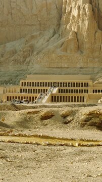 Groups of tourists near the ancient Egyptian temple of Hatshepsut in Luxor, Egypt. The history of Egypt during the time of the Pharaohs. Vertical video.