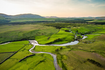 Obraz premium Aerial sunset view over the Erriff River valley north of Killary Fjord, County Mayo, Ireland. Remote Wild Atlantic Way landscape near Leenane and Aasleagh Falls.
