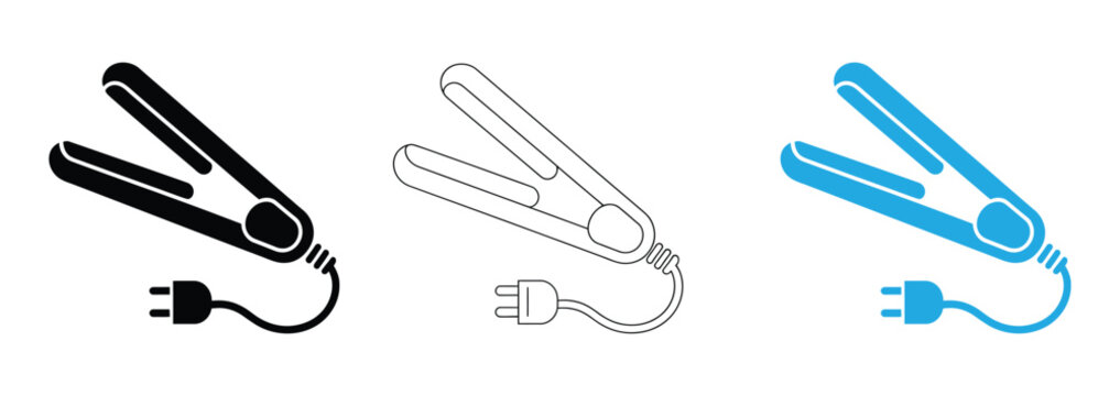 Hair straightener with plug icon. Flat Icons Set of Hair Straighteners with Plugs - Line and glyph icon set - Minimalist, flat icon, outline, glyph, linear, clipart, sticker - icon set