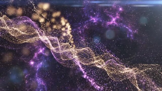 Waves of shimmering golden and purple particles flowing and intertwining in a cosmic expanse with soft bokeh and lens flare effects Keywords: abstract, particles, waves, flow, cosmic, purple, gold