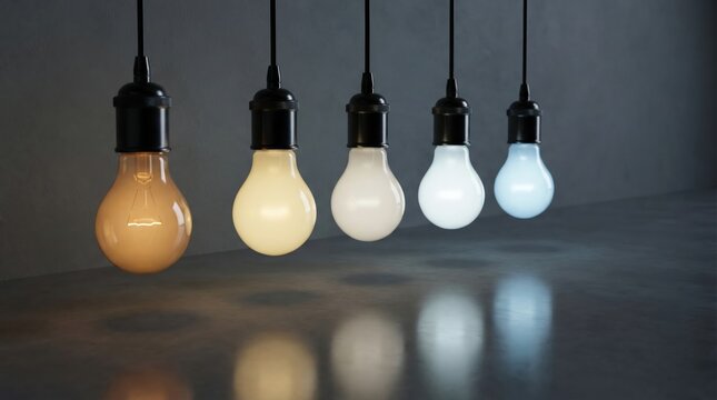 Row of hanging light bulbs showing different color temperatures from warm orange to cool blue daylight.