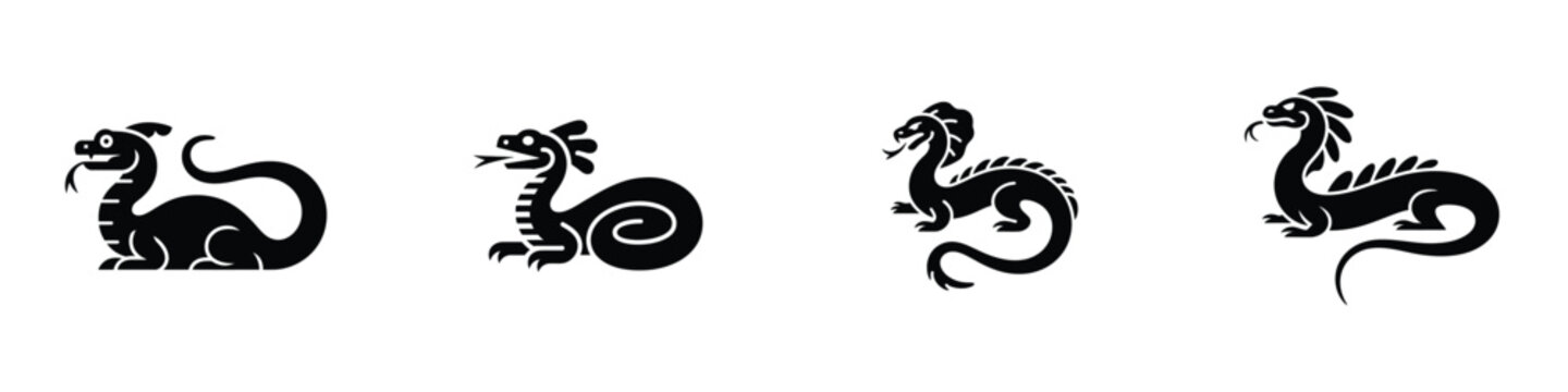 Stylized Basilisk Silhouette Collection &ndash; Mythical Dragon Monster Mascot Icons, Fantasy Reptile Creature Designs for Logo, Tattoo, and Medieval D&eacute;cor
