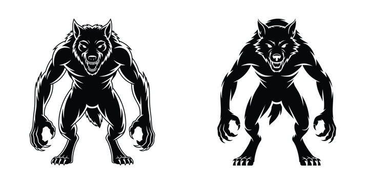 Werewolf Vector Silhouette Set &ndash; Fierce Monster Creature Design, Mythical Beast Illustration, Halloween Horror Character, Scary Wolfman Art for Tattoo, Poster, Logo, and Fantasy Decoration