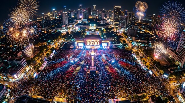 New year's eve celebration with fireworks in city