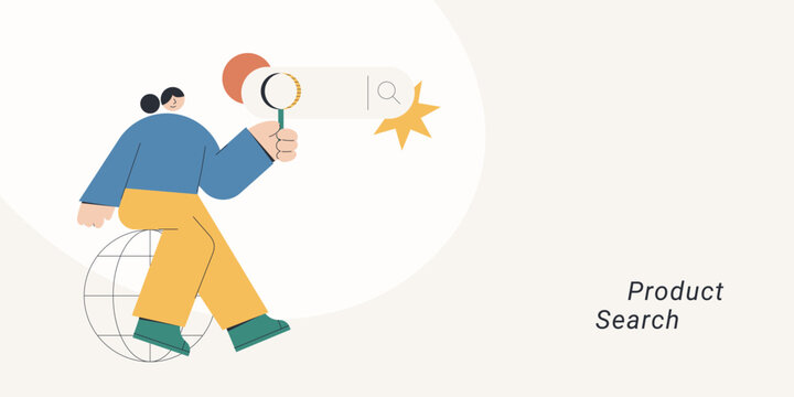 Flat design of a character holding a magnifying glass toward a search bar while standing on a globe, symbolizing product search and global discovery, ideal for e-commerce and digital marketing content