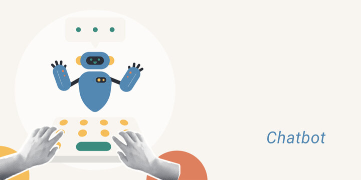 Trendy Halftone Collage of two halftone hands typing on a keyboard with a friendly robot and speech bubble, symbolizing chatbot and AI assistant, ideal for technology and customer service content.