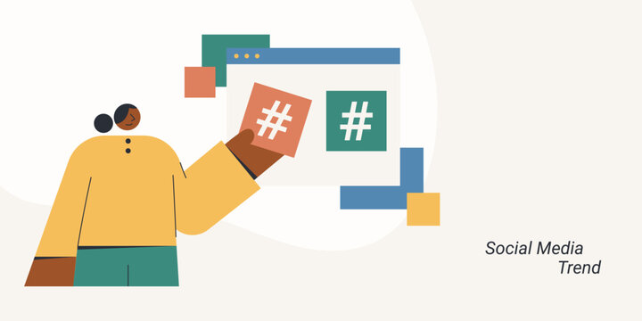 Flat design of a character holding a hashtag sign toward a browser screen with hashtag icons, symbolizing social media trend and content strategy, ideal for digital marketing and branding content.