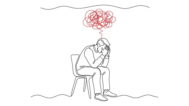 continuous line art Person sitting in a chair with a worried expression and a confused mind.