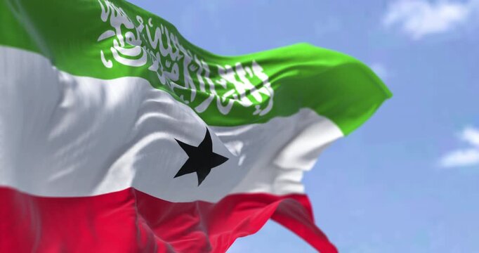 Close-up view of Somaliland national flag waving in the wind. Unrecognized state located in the Horn of Africa. Selective focus. Seamless 3d render animation. Slow motion loop. Selective focus