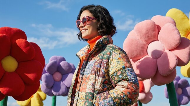 Happy woman in a floral patchwork jacket posing among giant colorful plush flowers under a blue sky.