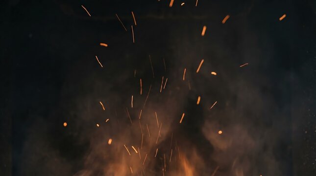 Glowing orange fire sparks and smoke particles rising against a dark background for overlay effect.