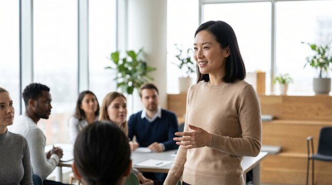 Poised East Asian woman speaking to diverse small team in bright modern office, confident presentation and engaged colleagues listening attentively