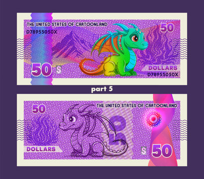 Beautiful vector cartoon banknote. Obverse and reverse. Cheerful, cute rainbow fire dragon toon. Colorful 50 dollars bill. Guilloche, security mesh and hologram. Fifty. Violet fairytale fauna. Purple