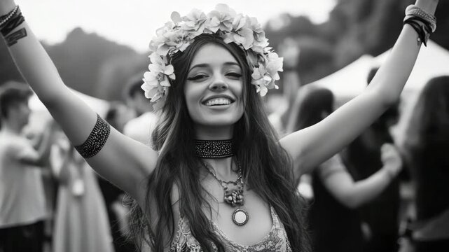 Joyful expression on face of woman enjoying herself at outdoor event