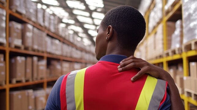 A person in safety vest has arm around their shoulder in a warehouse, shelves of boxes visible