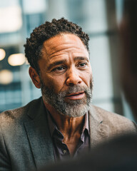 Obraz premium Thoughtful middle-aged man with salt-and-pepper hair and beard, wearing a blazer, engaged in a conversation in a modern indoor setting.