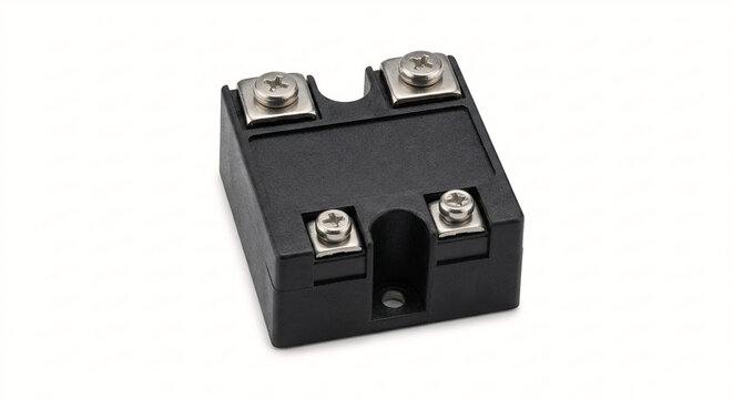 Industrial solid-state relay (SSR) with screw terminals. Electronic component for switching AC/DC loads on isolated white background.