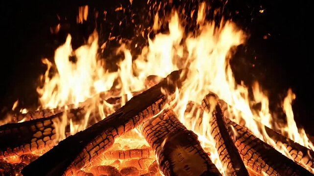 Bright orange flames dancing intensely over dark wooden logs in a cozy outdoor fire pit during the cold night creating a warm glowing atmosphere captured in high quality 4k resolution