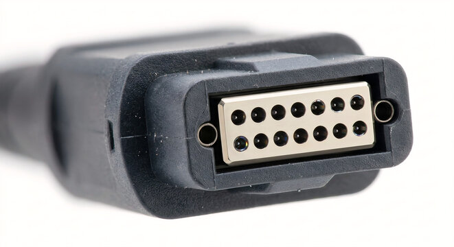 Extreme macro of a high-density MPO/MTP fiber optic connector tip showing glass ferrule holes. High-tech telecommunications equipment.