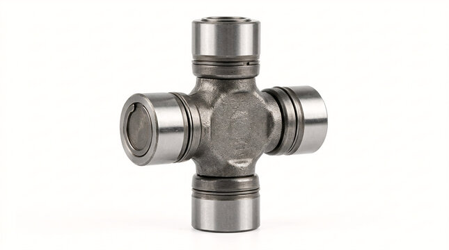 Heavy-duty forged steel universal joint (U-joint) assembly for a 4x4 vehicle driveshaft. Automotive mechanical parts isolated on white.