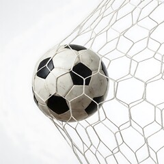 Fototapeta premium Soccer ball stuck in a white goal net on white background