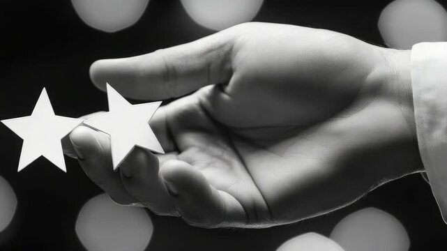 Black and white of a hand holding five stars.