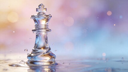 A shiny silver chess queen piece splashes into calm water with ripples on a colorful bokeh background.