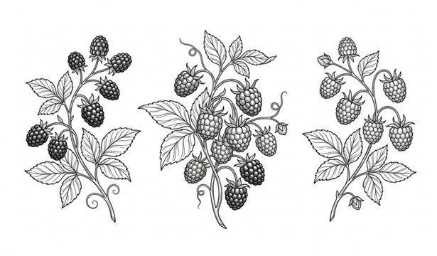 Elegant raspberry and blackberry botanical line drawing collection in monochrome vector style