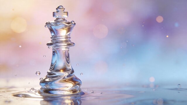 A shiny silver chess queen piece splashes into calm water with ripples on a colorful bokeh background.