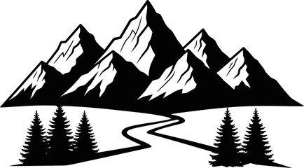 Fototapeta premium A black and white vector illustration depicts a mountain range with evergreen trees in the foreground, all set against a white background.
