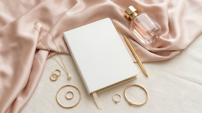 Elegant flat lay with a blank white notebook, gold jewelry, a pen, and perfume bottle on a silk background