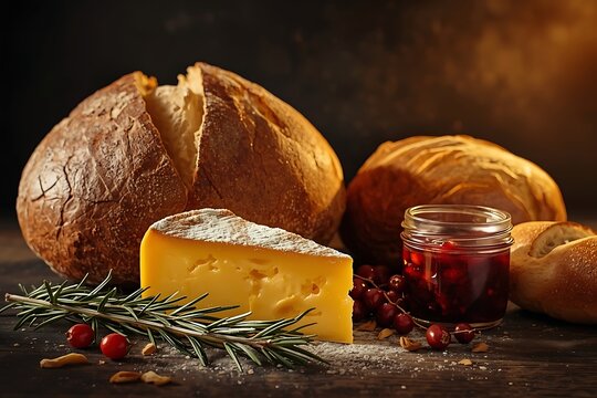 Artisan bread cheese berry jam on a wooden surface with rosemary breakfast bountiful carbohydrate celebration christmas condiment confection cranberry delicious greenery