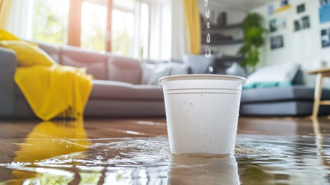 A cup on a wood floor collecting dripping water, possibly from a leak, indoors, bright light