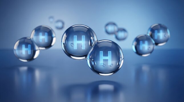 Abstract 3D illustration of hydrogen molecules representing clean renewable energy and green fuel technology.
