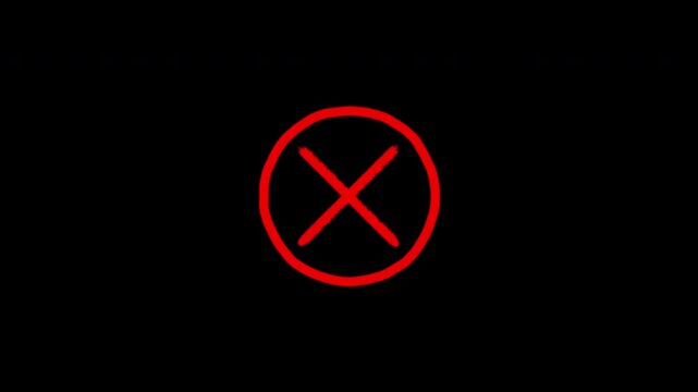 Hand-drawn red x mark circle animation, grunge style cross symbol overlay for editing