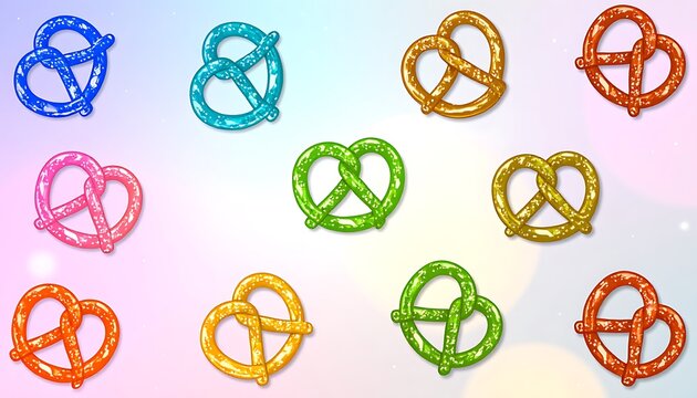 collection of colorful glitter pretzels in various shapes and flavors, isolated on a soft bokeh background