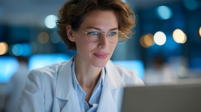 Clinical pharmacist reviews robotic dispensing error logs on workstation in sterile medication preparation room, perfect for quality assurance, pharmacy automation, and contemporary safety theme
