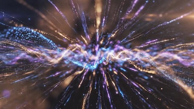 Explosive burst of vibrant blue and purple particles radiating outwards like fireworks from a central bright light source in a dark space Keywords: abstract, particles, explosion, burst, radiating