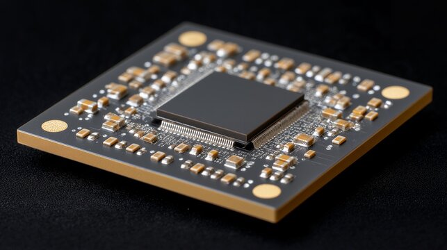 Single artificial intelligence chip designed with biological neural architecture, memristor components visible, macro detail against dark background, ideal for neuromorphic computing, AI