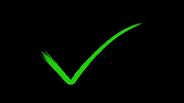 Animated green check mark hand-drawn style isolated on black background, for ui checkmark