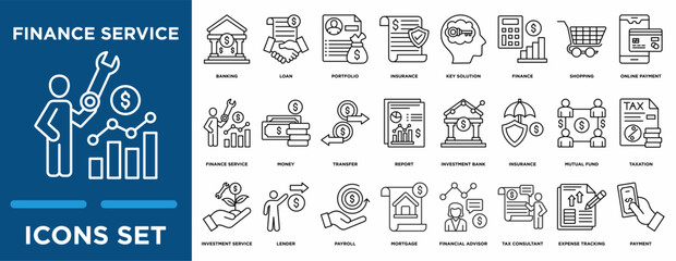Finance service icon collection set. Containing design banking, loan, portfolio, insurance, key solution, and  financial advisor icon. simple line vector. © BBLOVVA