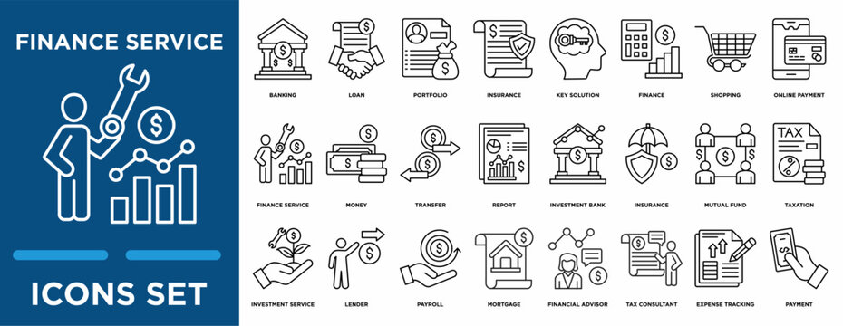 Finance service icon collection set. Containing design banking, loan, portfolio, insurance, key solution, and  financial advisor icon. simple line vector.