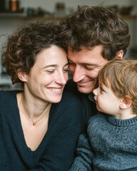 Obraz premium A joyful family moment with parents and their young child sharing smiles and close affection indoors.