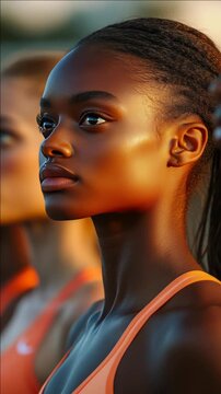 Sunlit portrait of a poised young woman in athletic wear. Her gaze is steady, eyes reflecting calm intensity. Soft golden light frames her defined cheekbones and slender neck