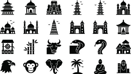 Naklejka premium Set of black silhouette culture icons featuring Asian landmarks traditional temples historic architecture and tropical wildlife isolated on white background.