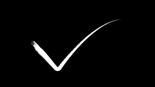 Hand-drawn white checkmark animation on black background, for ui and, motion tick
