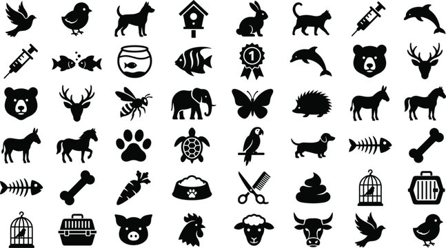 Large bundle of black silhouette icons featuring wild animals domestic pets veterinary care symbols and farm livestock isolated on white background.